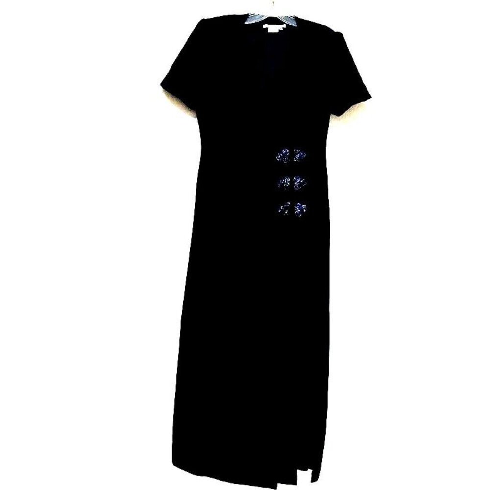 Vtg Maggy London Formal Maxi Dress 10 Black Lined V-Neck Party Embroidered Beads